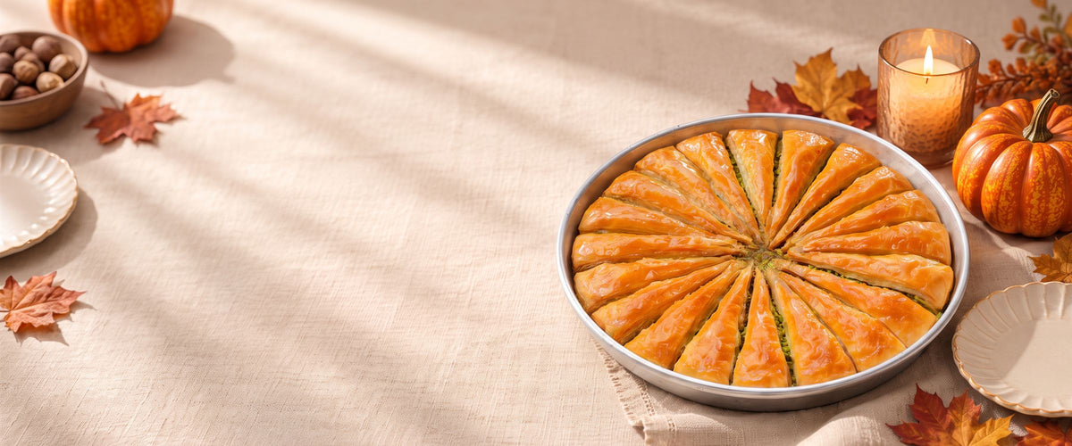 Koçak carrot slice baklava tray on an autumn holiday table